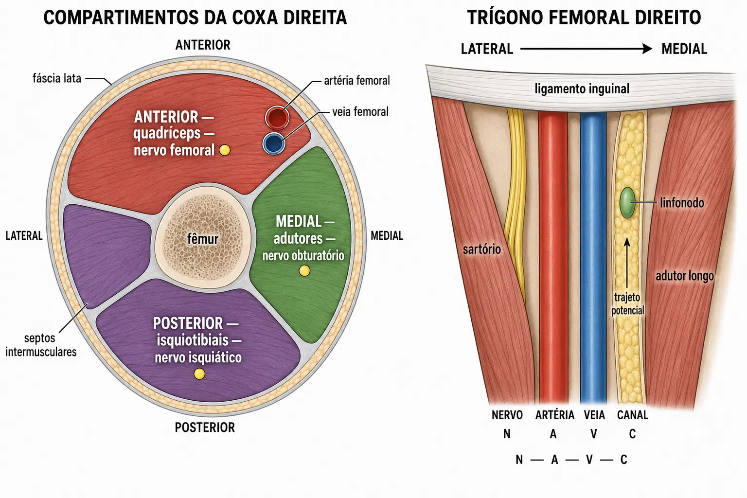 Corte transversal da coxa com os três compartimentos delimitados por fáscia e septos, cada um com seu nervo, ao lado da vista do trígono femoral com nervo, artéria, veia e canal femoral em ordem lateral para medial.