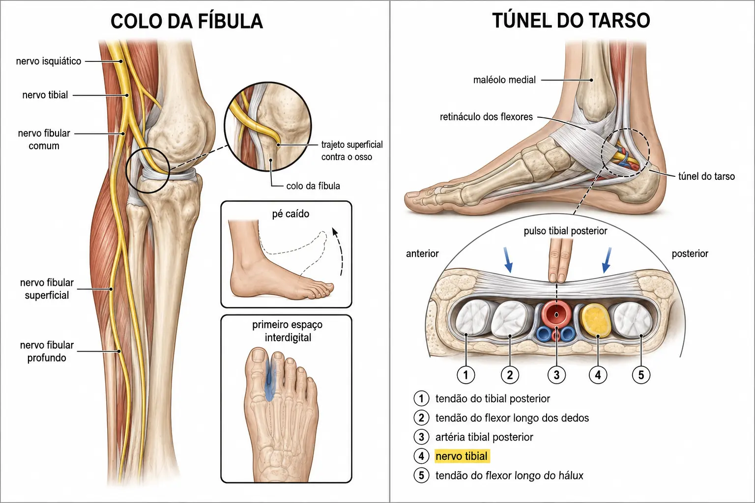 À esquerda, o nervo fibular comum contornando o colo da fíbula logo sob a pele, com pé caído e o primeiro espaço interdigital sombreado; à direita, o túnel do tarso atrás do maléolo medial com tendões, artéria e nervo tibial sob o retináculo dos flexores.