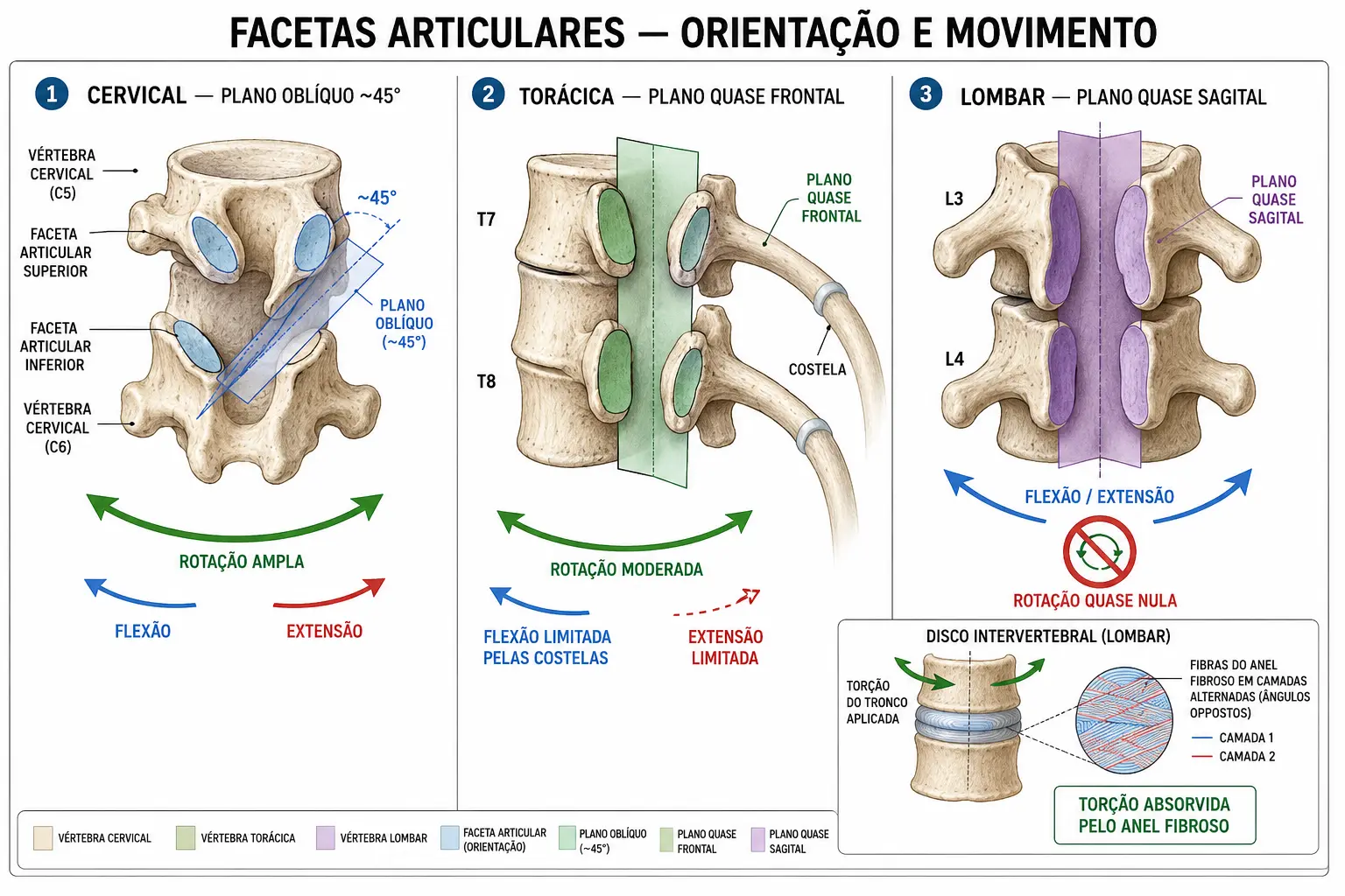 Três pares de vértebras mostrando facetas em plano oblíquo na região cervical com rotação ampla, quase frontal na torácica com costelas limitando, e quase sagital na lombar com flexão livre e rotação bloqueada, sobrando a torção para o disco.