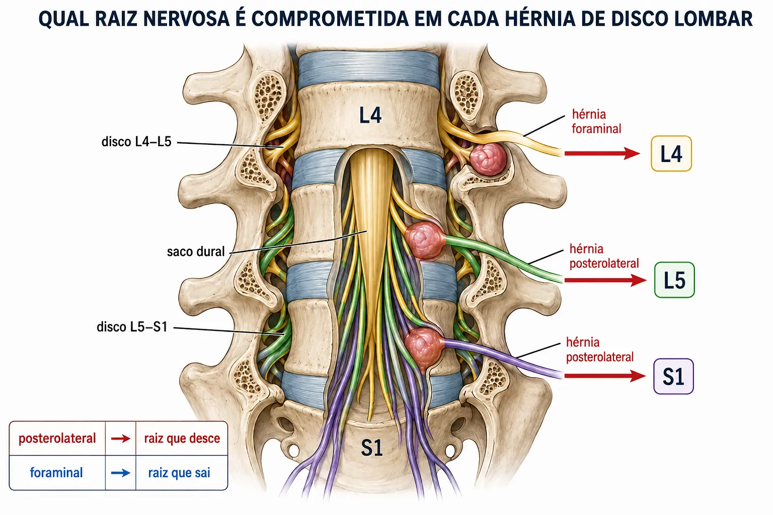 Vista posterior do canal lombar com as raízes L4, L5 e S1 e duas hérnias no disco L4-L5: a posterolateral atinge a raiz L5 que está descendo, e a foraminal atinge a raiz L4 que sai naquele nível.