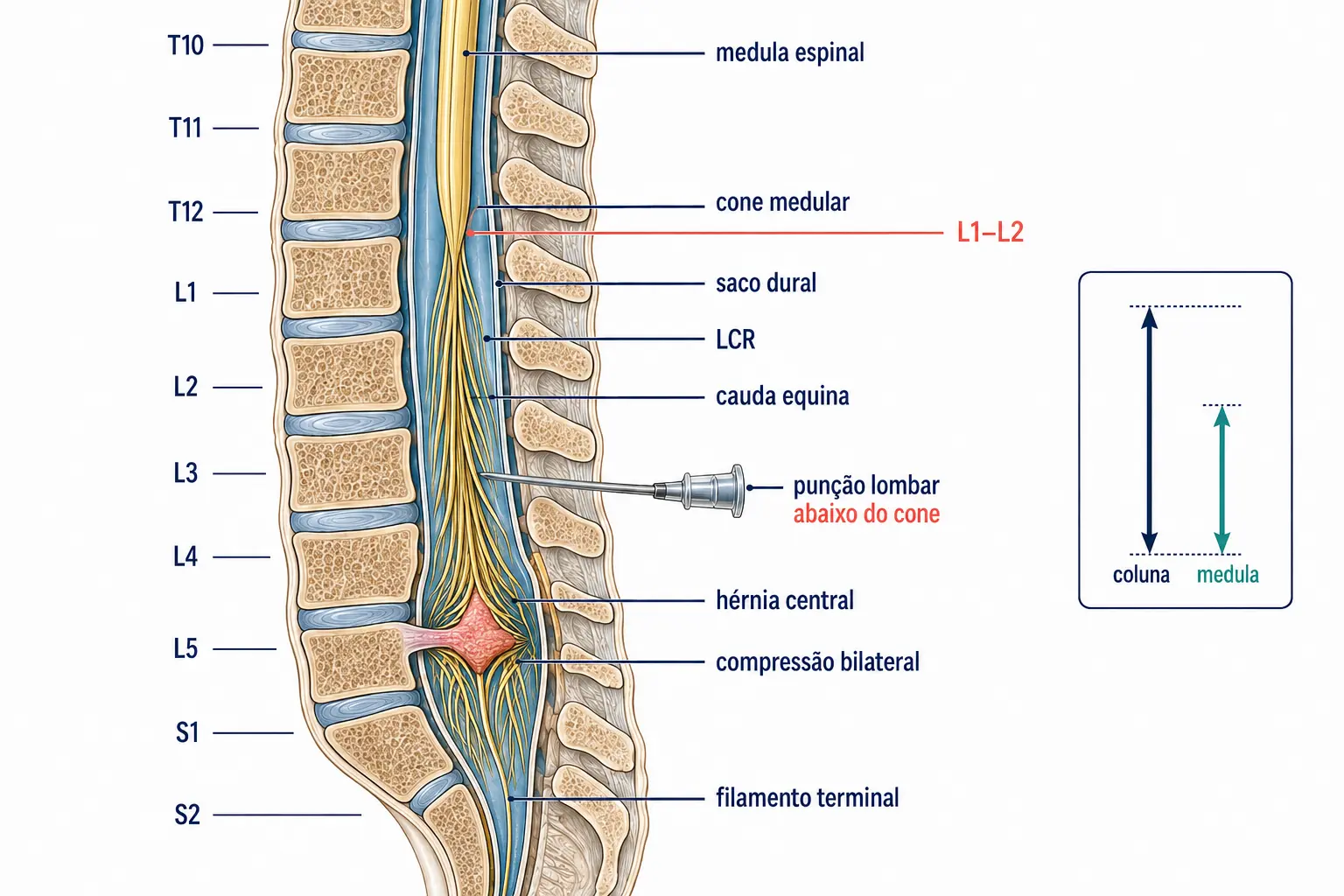 Corte sagital da coluna toracolombar mostrando a medula terminando no cone medular entre L1 e L2, a cauda equina descendo abaixo dela, o espaço seguro para punção lombar e uma hérnia central comprimindo o feixe de raízes dos dois lados.