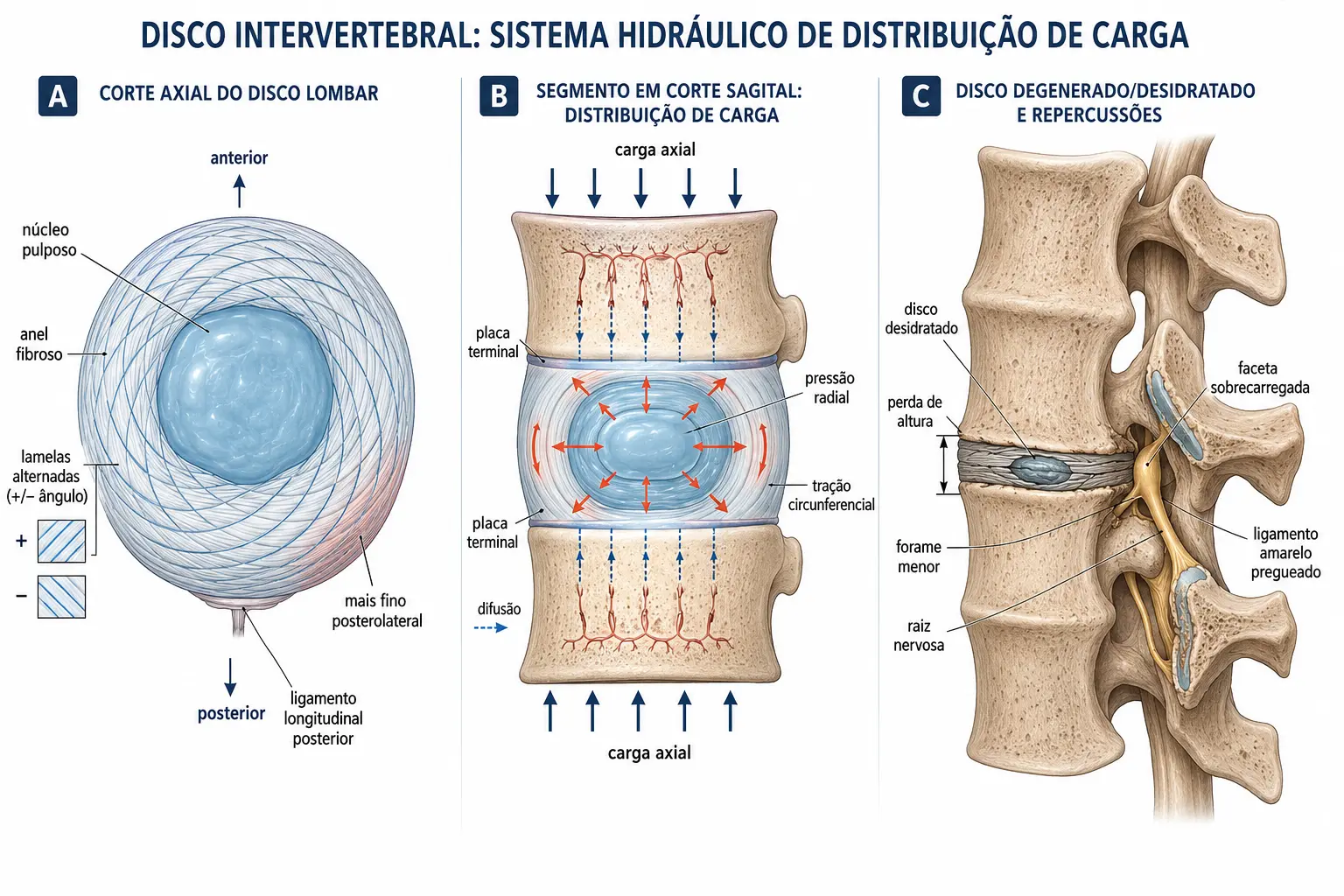 Três painéis do disco intervertebral: vista axial com lamelas de fibras alternadas e anel mais fino posterolateralmente; corte sagital mostrando o núcleo convertendo compressão em tração no anel; e o mesmo corte com disco desidratado, perda de altura, forame estreitado e ligamento amarelo pregueado.