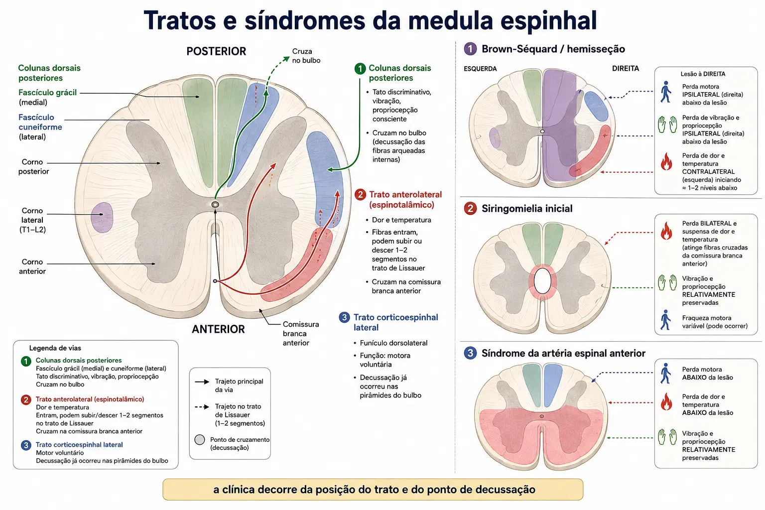 Corte transversal da medula com colunas dorsais, espinotalâmico lateral e corticoespinhal lateral coloridos e etiquetados com o local em que cada um cruza, e três cortes menores mostrando hemissecção, siringomielia e oclusão da artéria espinhal anterior com seus déficits.