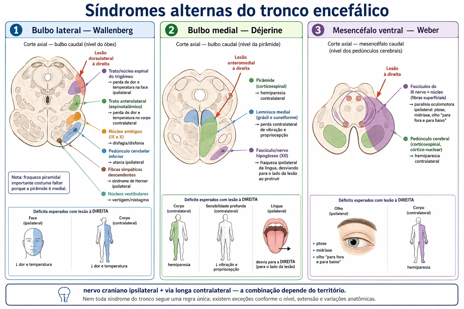 Três cortes do tronco encefálico com as áreas lesadas nas síndromes de Wallenberg, Déjerine e Weber, cada estrutura ligada ao seu déficit e figuras humanas mostrando os déficits em lados opostos.