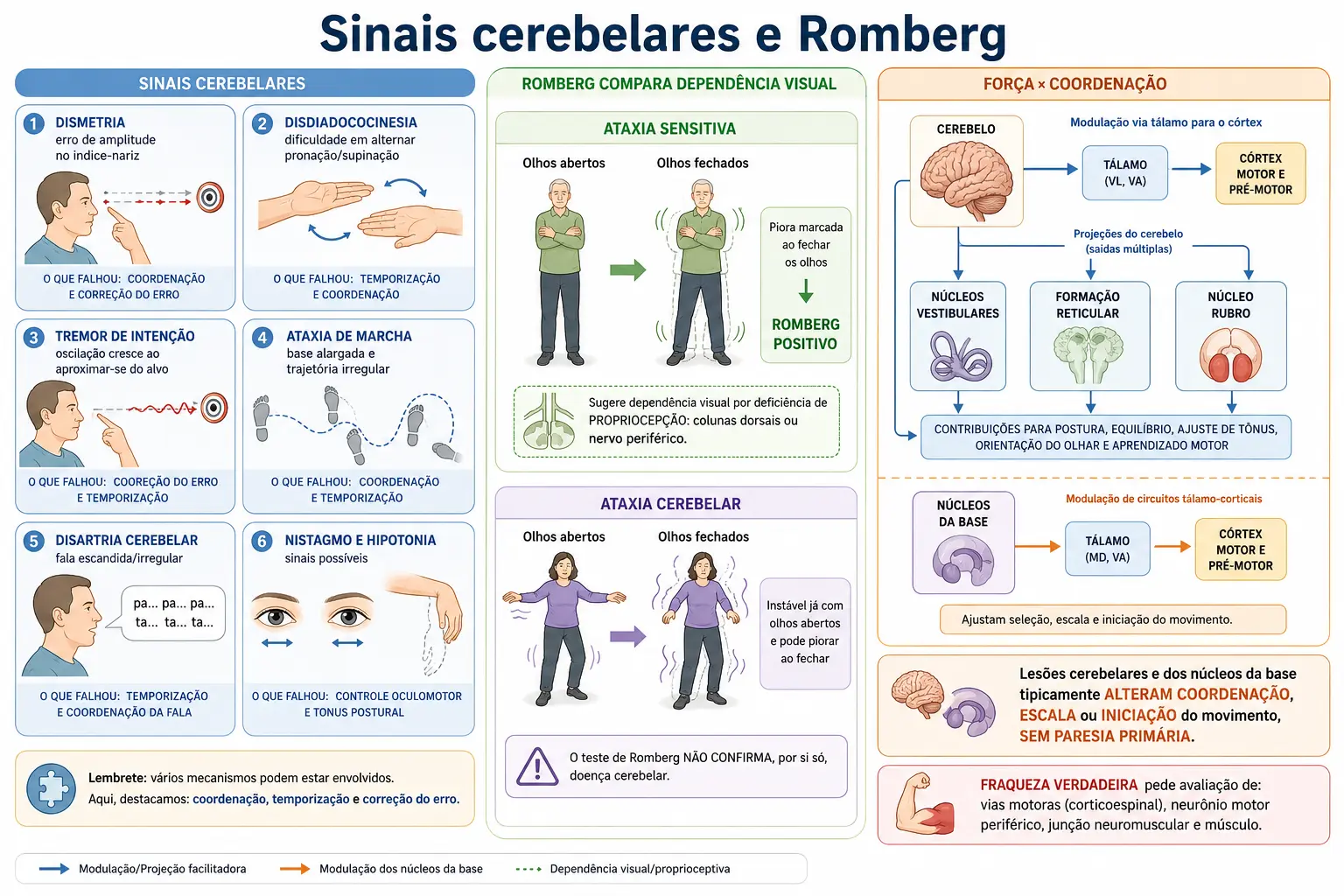 Seis sinais cerebelares com o que foi perdido em cada um, comparação entre ataxia sensitiva e cerebelar no teste de olhos fechados, e esquema mostrando que cerebelo e núcleos da base agem pelo córtex e não causam paralisia.
