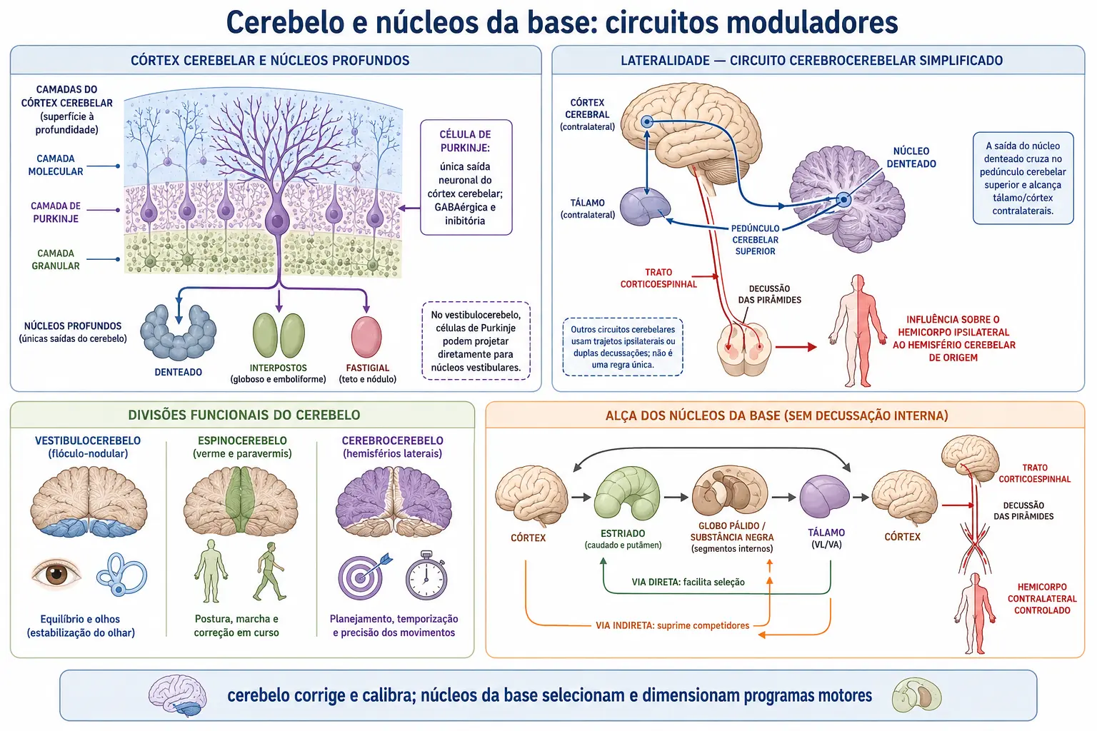 Corte do córtex cerebelar em três camadas com a célula de Purkinje como única saída inibitória, trajeto com duas decussações explicando o sinal ipsilateral, divisões funcionais do cerebelo, e alça dos núcleos da base com uma única decussação explicando o sinal contralateral.