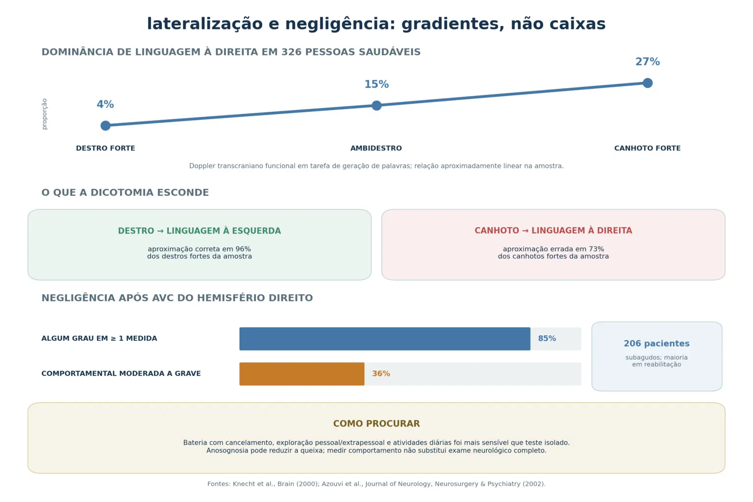 Gráfico linear da dominância de linguagem à direita subindo de 4% a 27% ao longo da lateralidade manual, blocos comparando o acerto da regra nas duas caixas, e ilustrações de negligência espacial com os dados de sensibilidade dos testes.