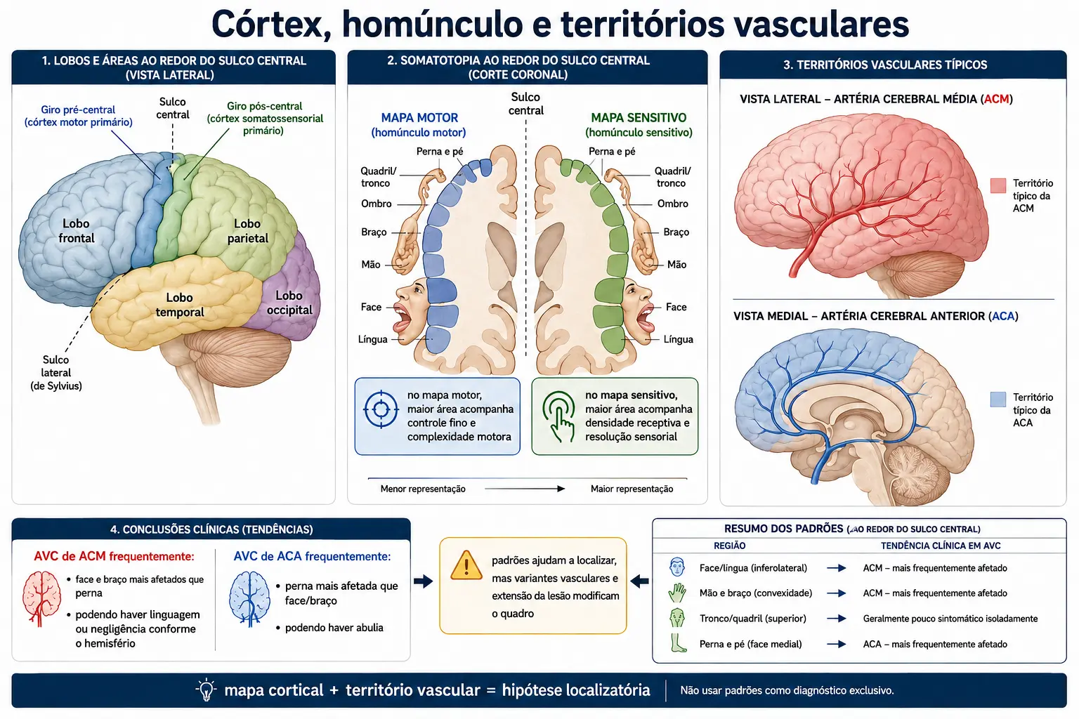 Vista lateral do hemisfério com lobos e sulcos de referência, corte coronal com o homúnculo desproporcional ao longo do giro pré-central, e territórios das artérias cerebral média e anterior sobrepostos ao mapa com as conclusões clínicas correspondentes.