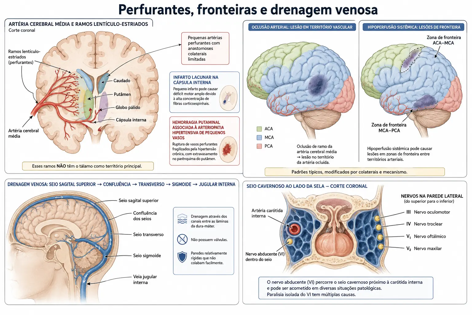Corte coronal com os ramos lentículo-estriados saindo em ângulo reto da cerebral média, comparação entre infarto em cunha por oclusão e infarto em faixa nas zonas de fronteira, trajeto dos seios venosos até a jugular interna e corte do seio cavernoso mostrando o nervo abducente livre no meio.