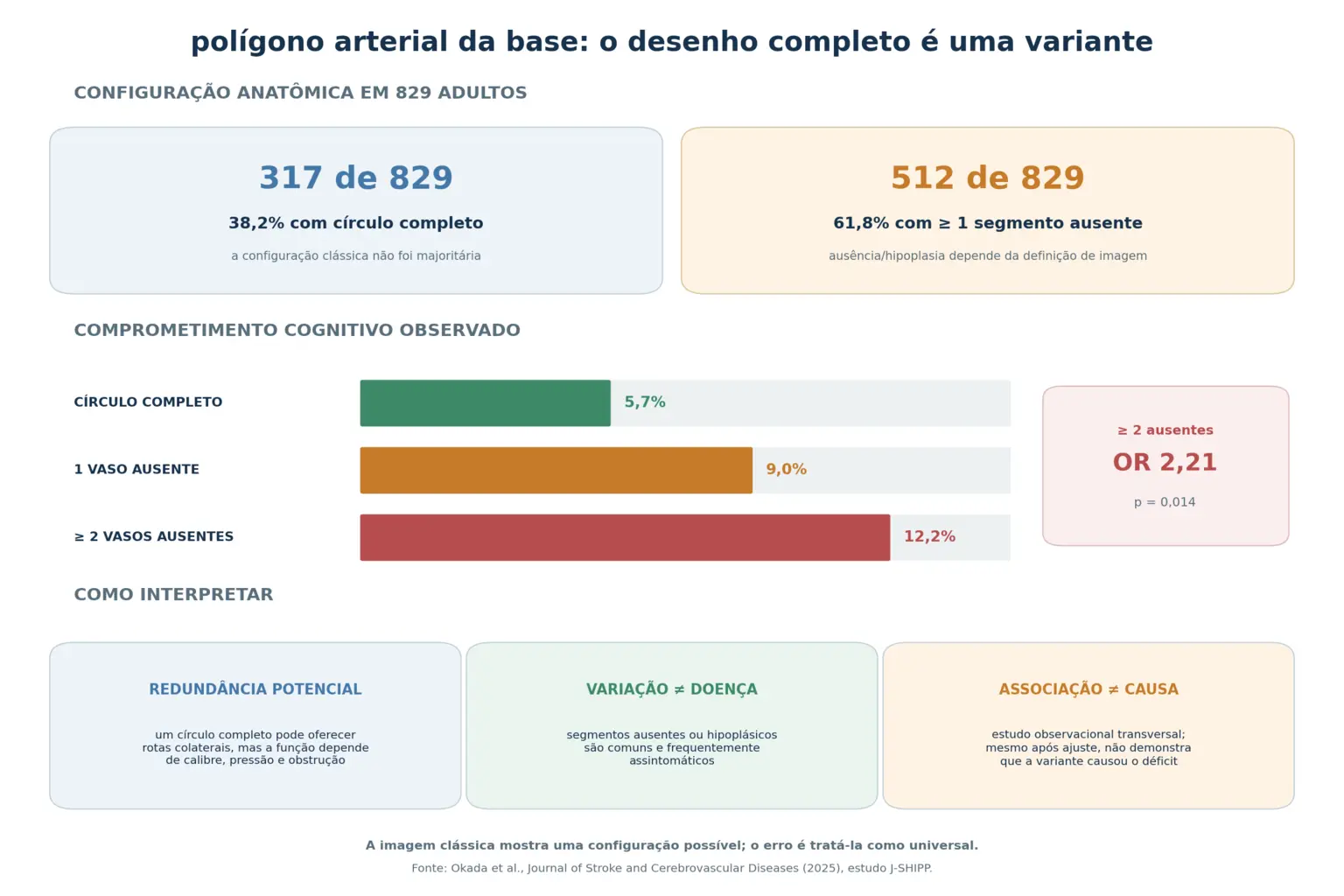 Polígono completo ao lado de quatro variantes com segmentos ausentes, gráfico mostrando anel completo em 317 de 829 adultos, barras crescentes de comprometimento cognitivo conforme vasos ausentes e bloco com as diferenças entre sexos.