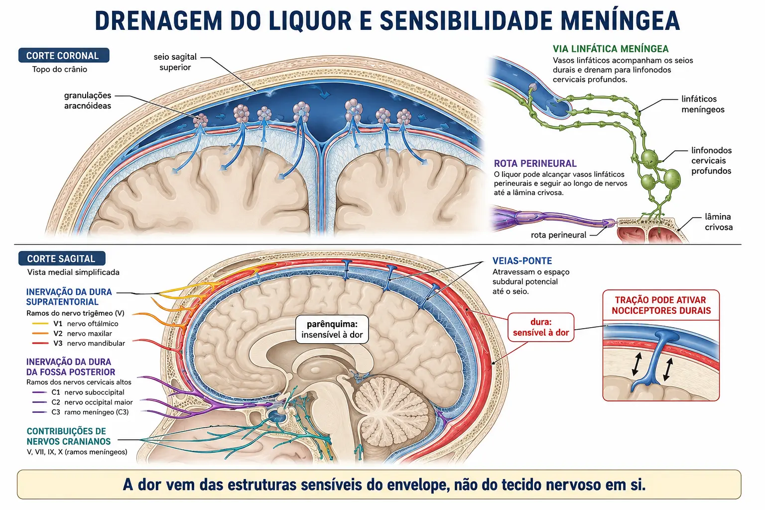 Seio sagital com granulações aracnóideas em válvula e vasos linfáticos meníngeos, e cabeça em corte mostrando a dura inervada e as veias-ponte.