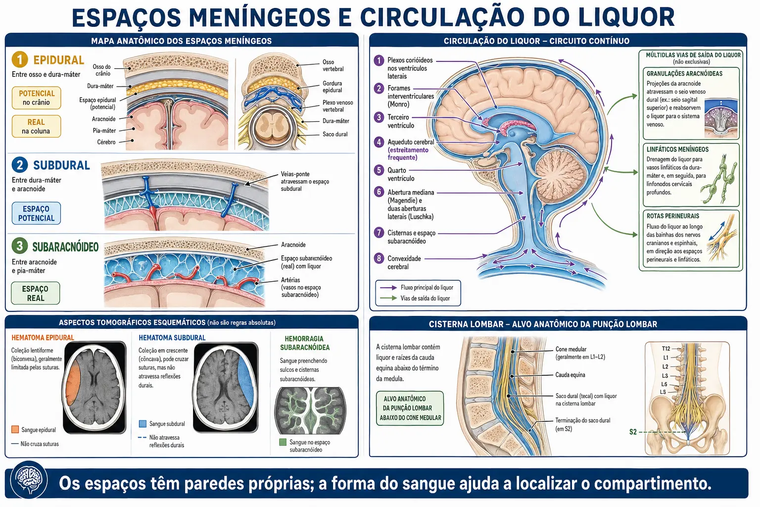 Mapa dos espaços epidural, subdural e subaracnóideo com as formas de sangue na tomografia, e o circuito do liquor dos ventrículos laterais até as saídas.