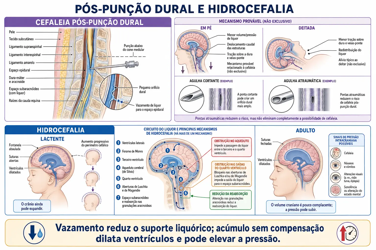 Camadas da punção lombar com o orifício vazando e a cabeça em pé e deitada, ao lado do lactente de suturas abertas e do adulto de caixa fechada.