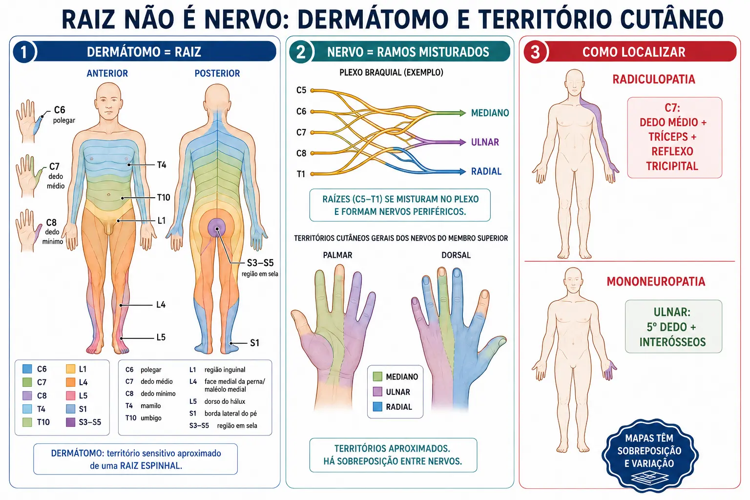 Comparação entre dermátomos e territórios cutâneos de nervos periféricos, com exemplos de radiculopatia C7 e mononeuropatia ulnar.