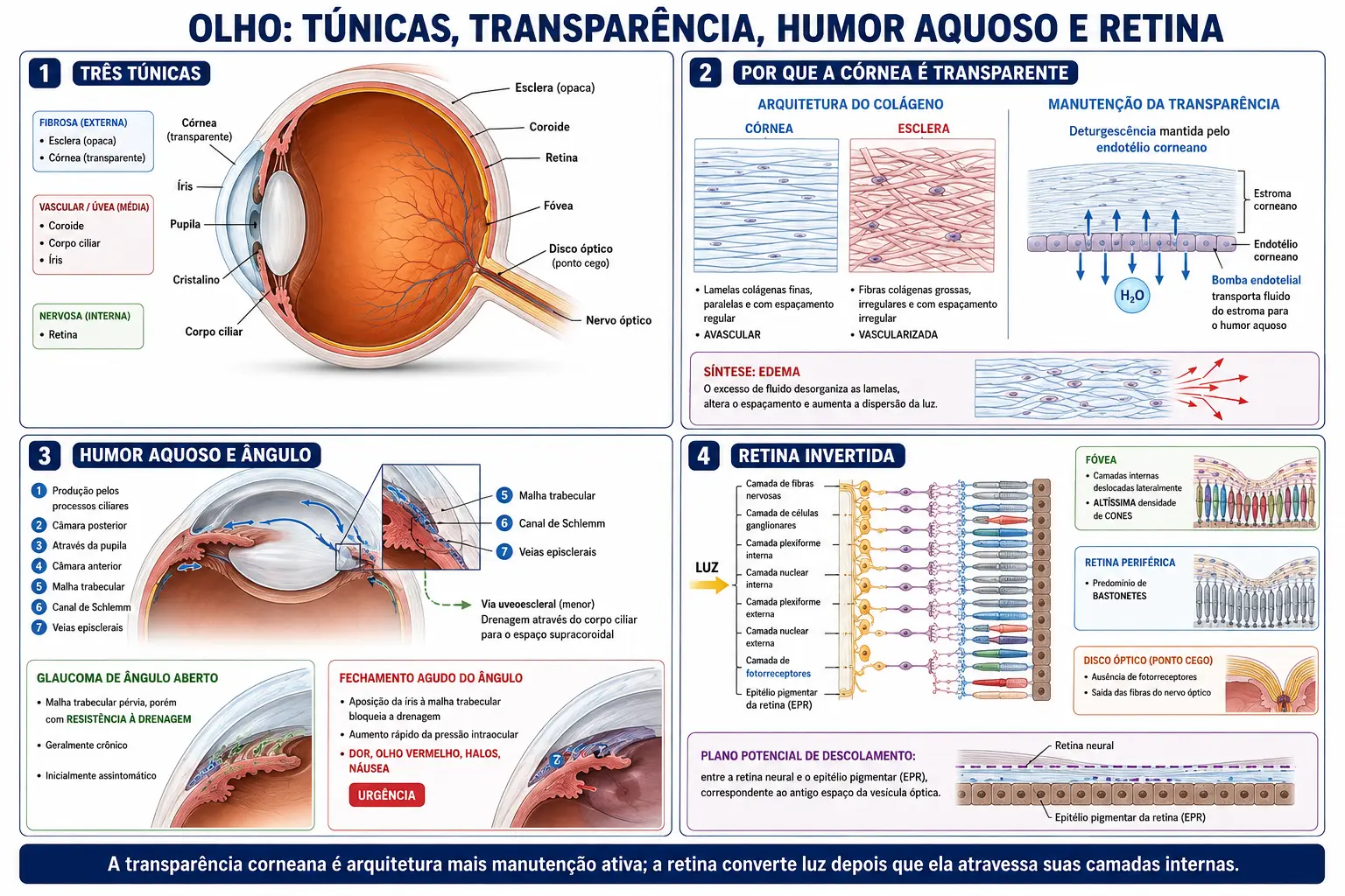 Corte sagital do olho com as três túnicas rotuladas, comparação entre o colágeno regular da córnea e o desorganizado da esclera, caminho do humor aquoso com os dois modos de falha do ângulo, e corte da retina mostrando as camadas invertidas, a fóvea, o ponto cego e a fenda embrionária.