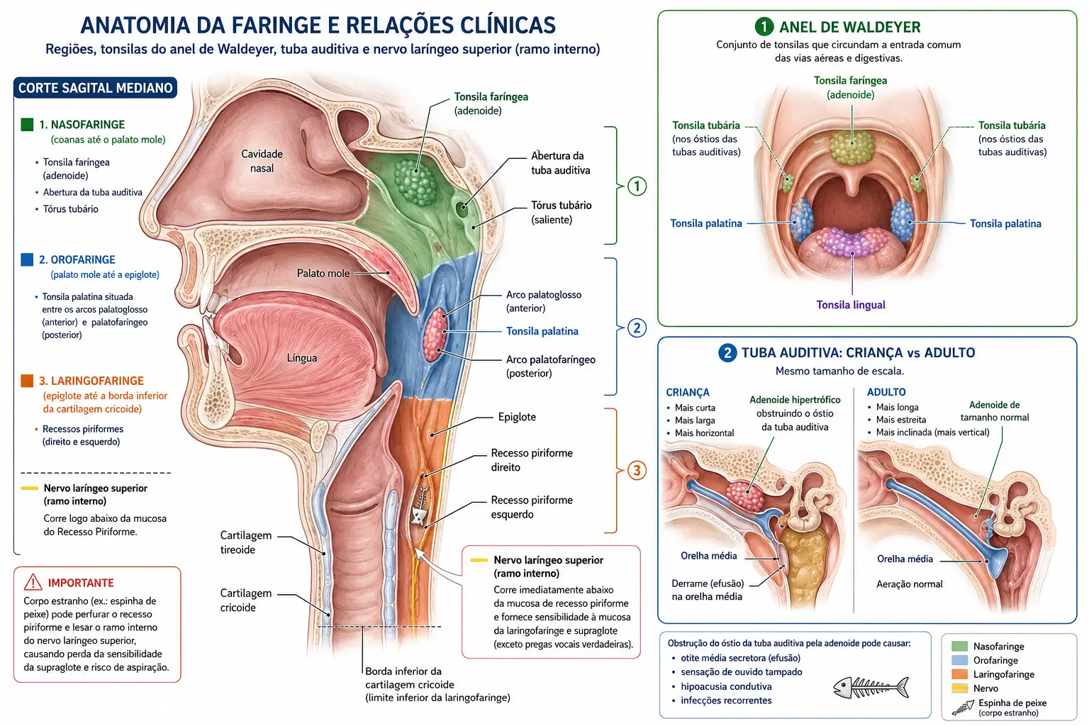 Corte sagital com nasofaringe, orofaringe e laringofaringe em cores distintas, mostrando adenoide, abertura tubária, tonsilas palatinas e recessos piriformes, com painéis do anel de Waldeyer e da comparação da tuba auditiva entre criança e adulto.