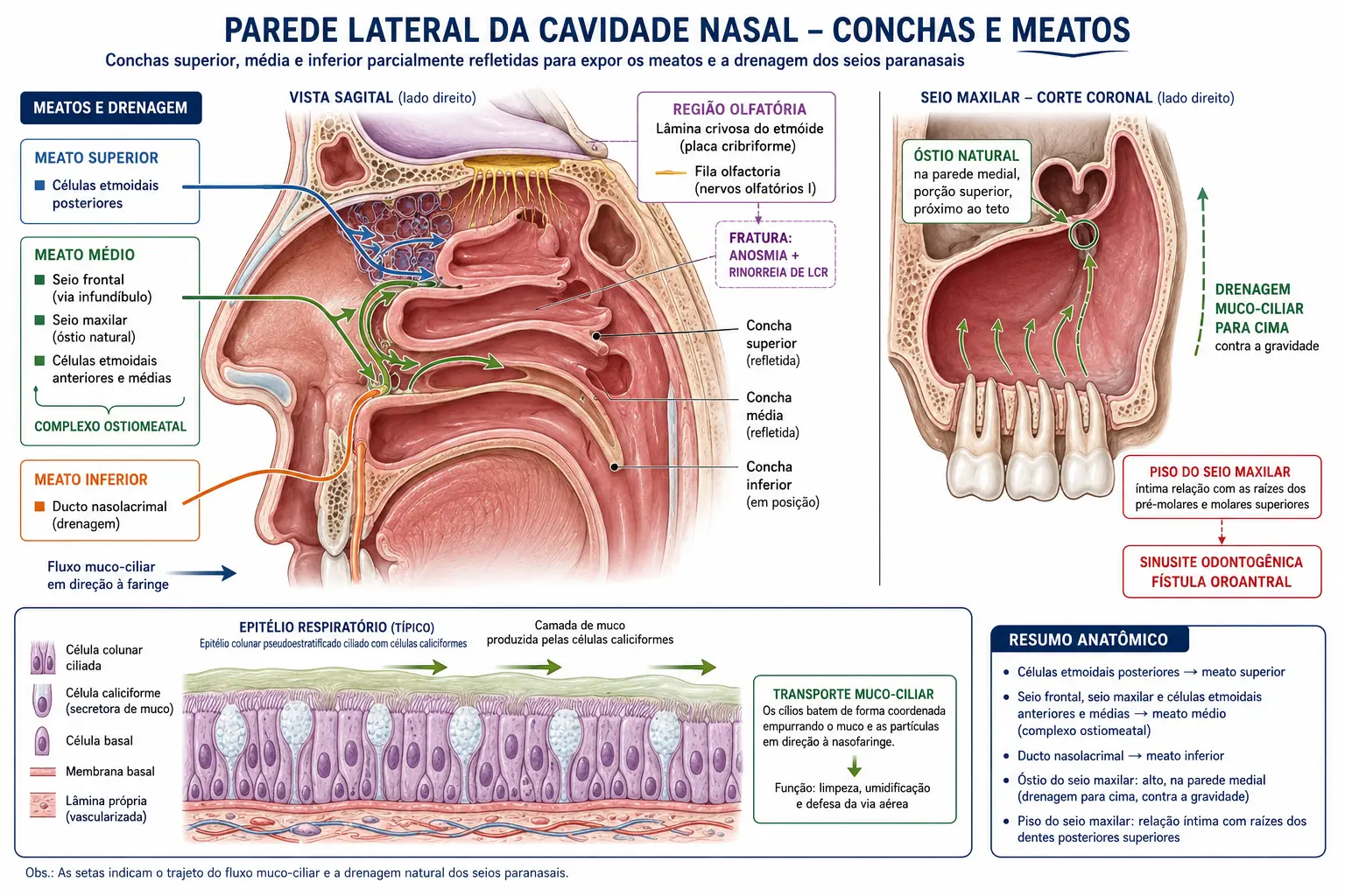 Corte sagital da parede lateral nasal com as três conchas e os meatos, mostrando a drenagem de cada seio e o complexo ostiomeatal, além de um corte coronal do seio maxilar com o óstio alto e a relação com as raízes dentárias, e um detalhe do epitélio respiratório ciliado.