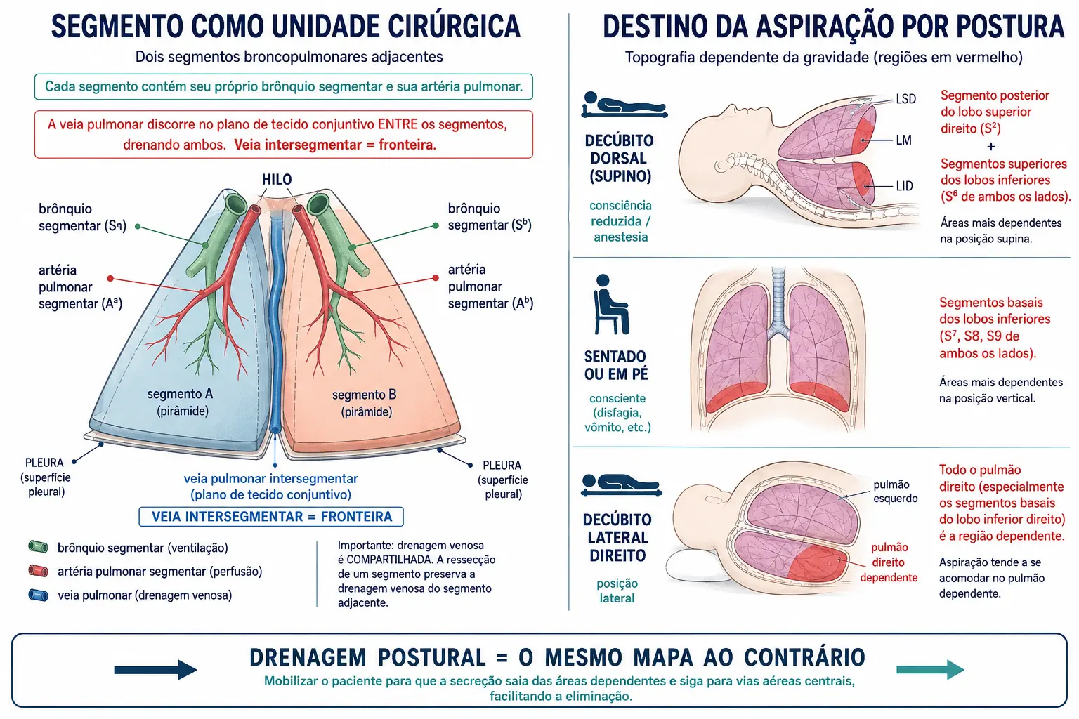 Dois segmentos broncopulmonares piramidais com brônquio e artéria entrando pelo ápice e a veia intersegmentar como fronteira, ao lado de três esquemas de tórax mostrando os segmentos acometidos conforme a posição em que o paciente aspirou.