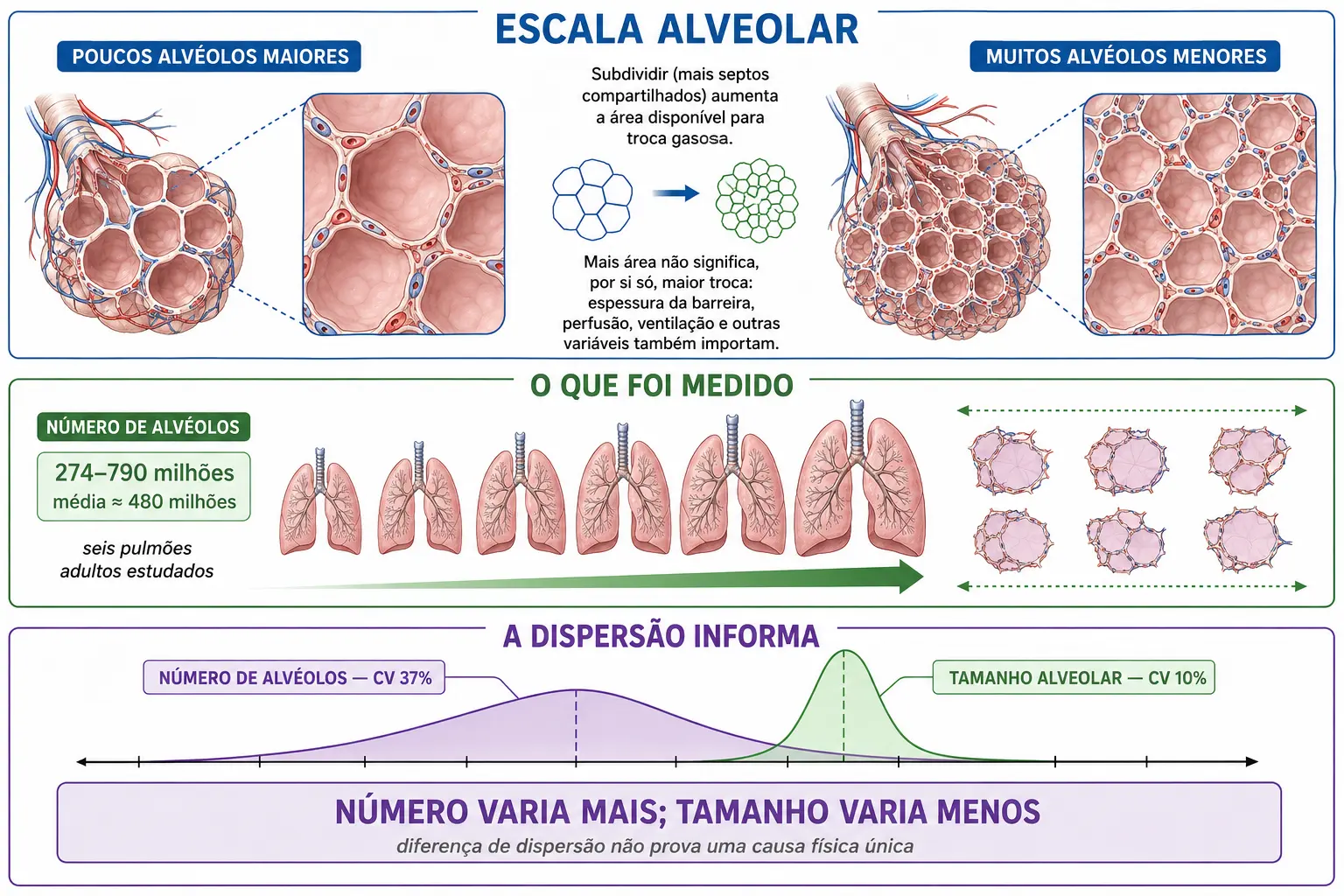 Infográfico comparando poucos alvéolos grandes com muitos pequenos, seis pulmões de tamanhos diferentes com números de alvéolos variando e tamanho constante, e duas curvas mostrando dispersão de 37% para o número e 10% para o tamanho.