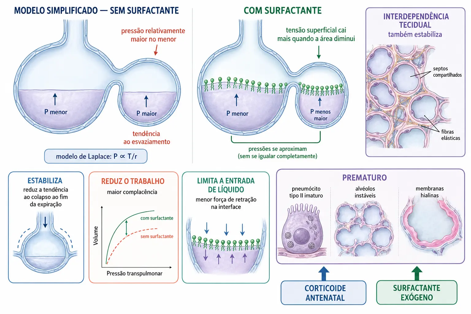 Painel duplo com dois alvéolos ligados: sem surfactante o pequeno esvazia no grande; com surfactante as moléculas se concentram no pequeno e a tensão cai mais, equilibrando os dois; abaixo, as três funções do surfactante e o quadro do prematuro com as duas condutas.