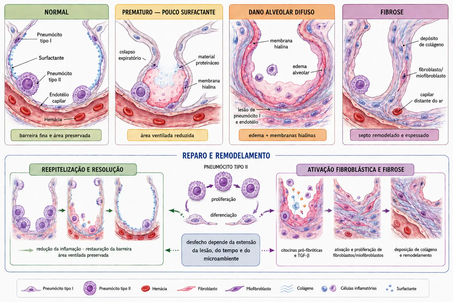 Quatro quadros do mesmo alvéolo: normal, colapsado por falta de surfactante no prematuro, com membranas hialinas na lesão alveolar difusa, e com septo espessado por fibrose; ao lado, o pneumócito tipo II proliferando com os dois desfechos possíveis.