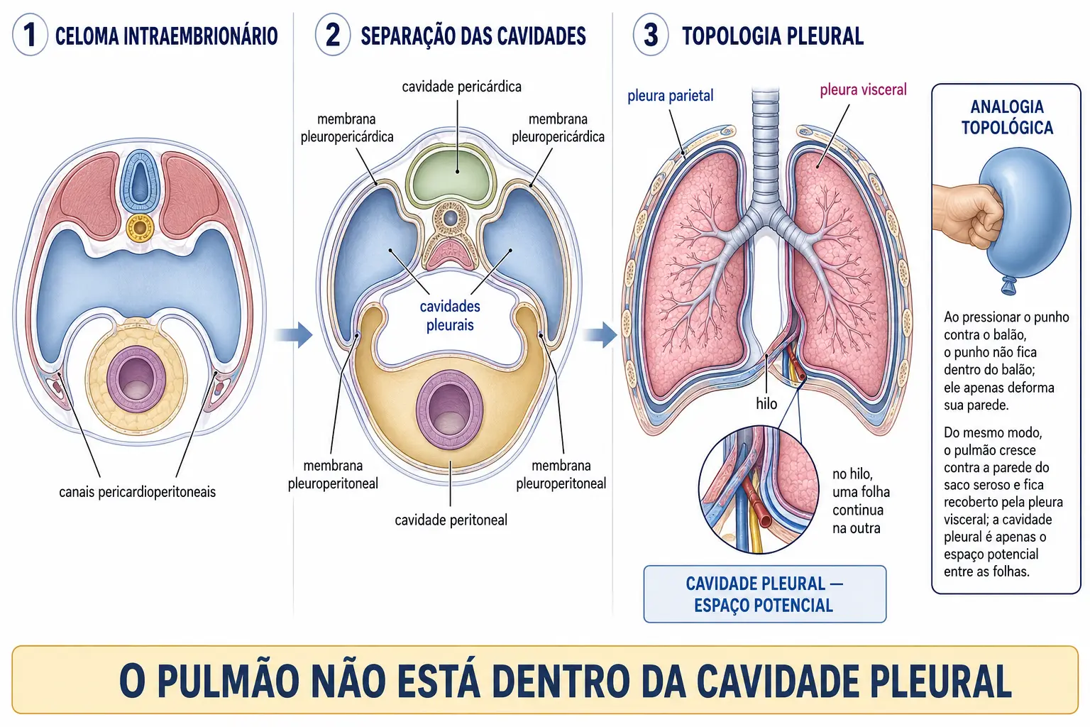 Três momentos embrionários: celoma único, fechamento pelas membranas pleuropericárdicas e pleuroperitoneais, e o broto pulmonar invaginando a parede como punho num balão.