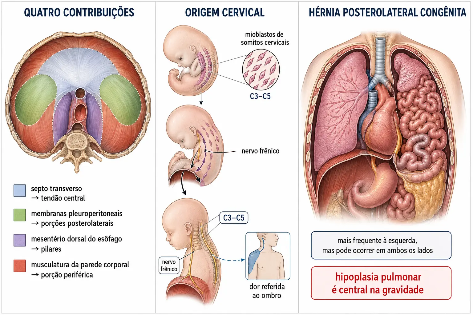 Diafragma com suas quatro origens embrionárias, a descida dos miótomos cervicais puxando o nervo frênico e a falha posterolateral esquerda com vísceras no tórax.