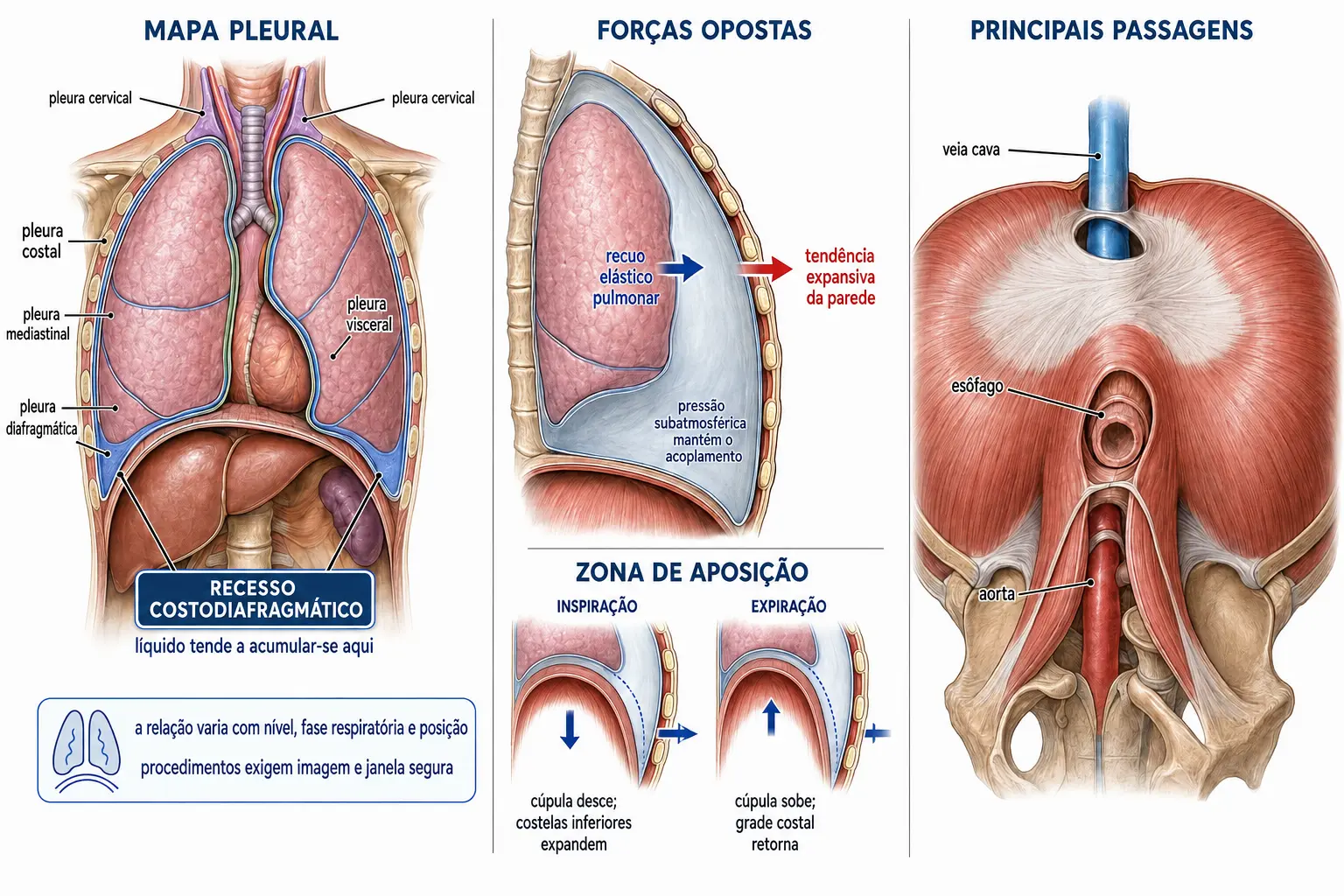 Mapa frontal com as quatro porções da pleura parietal, o recesso costodiafragmático acima do fígado, o cabo de guerra das forças elásticas e as três passagens do diafragma.
