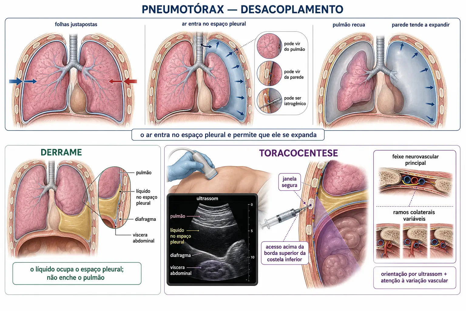 Sequência do pneumotórax com o empate elástico desfeito e corte do derrame no recesso costodiafragmático com o detalhe do sítio de punção no espaço intercostal.
