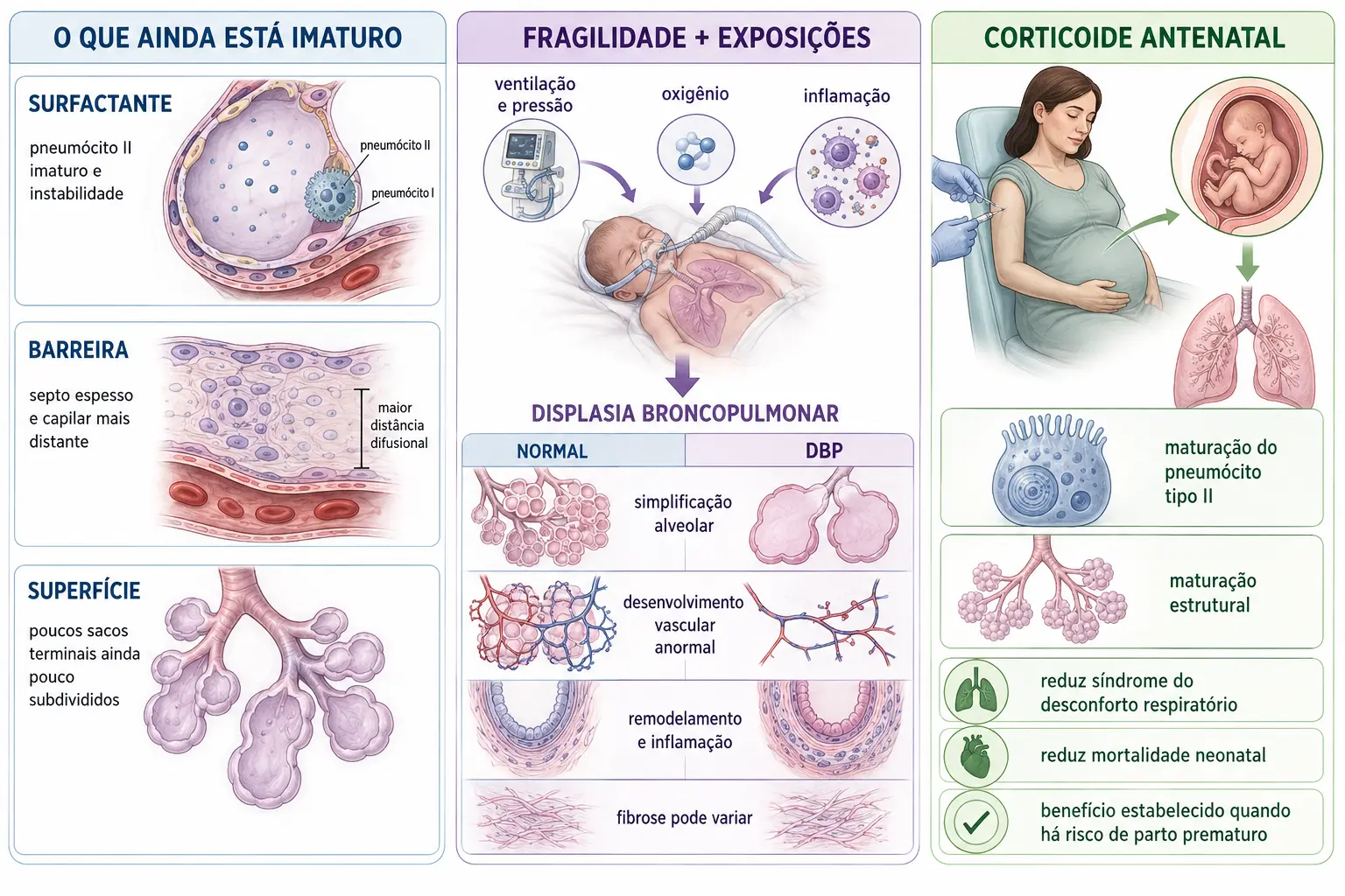 Infográfico com três blocos do que falta ao prematuro — surfactante, barreira fina e superfície —, a displasia broncopulmonar como alveolização interrompida com alvéolos maiores e em menor número, e o efeito do corticoide antenatal com os três riscos relativos.