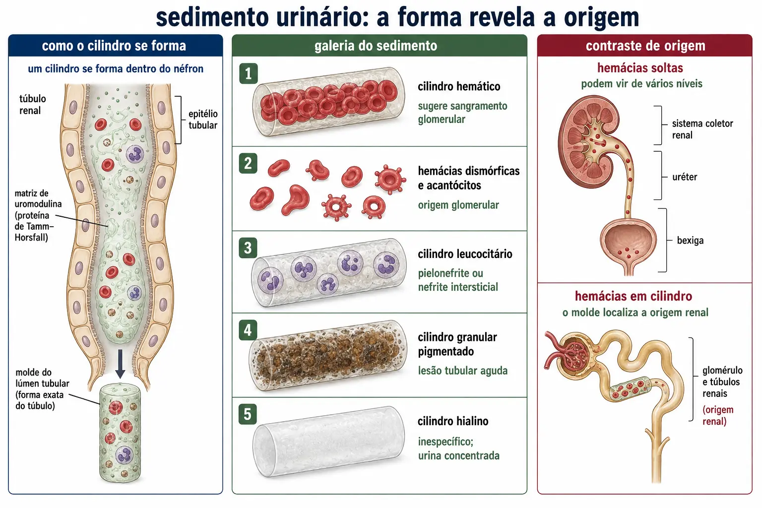 Formação do cilindro dentro do túbulo adquirindo a forma do tubo, galeria com cilindro hemático, hemácias dismórficas, cilindro leucocitário, granuloso pigmentar e hialino com seus endereços, e comparação entre hemácias soltas e hemácias em cilindro.