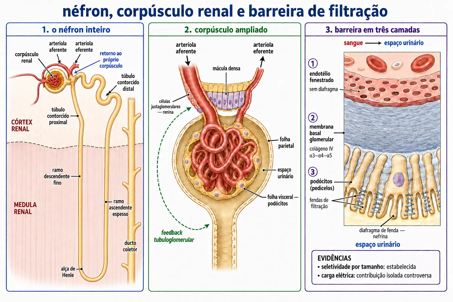 Néfron completo com todos os segmentos e o retorno do túbulo distal ao próprio corpúsculo, corpúsculo ampliado com aparelho justaglomerular e mácula densa, e a barreira de filtração em três camadas com endotélio fenestrado, membrana basal fundida e podócitos com pedicelos interdigitados e diafragma de fenda.