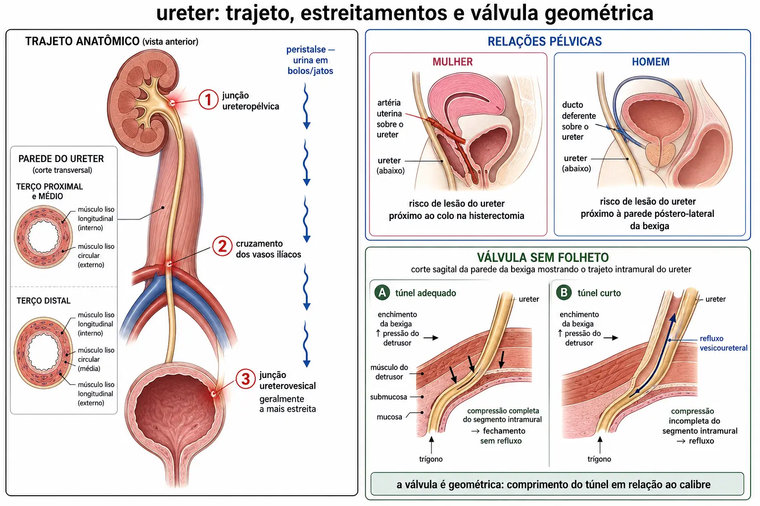 Trajeto do ureter com as três constrições marcadas, camadas musculares e peristalse, relações com a artéria uterina na mulher e o ducto deferente no homem, e o túnel intramural funcionando como válvula geométrica com o cenário de refluxo por túnel curto.