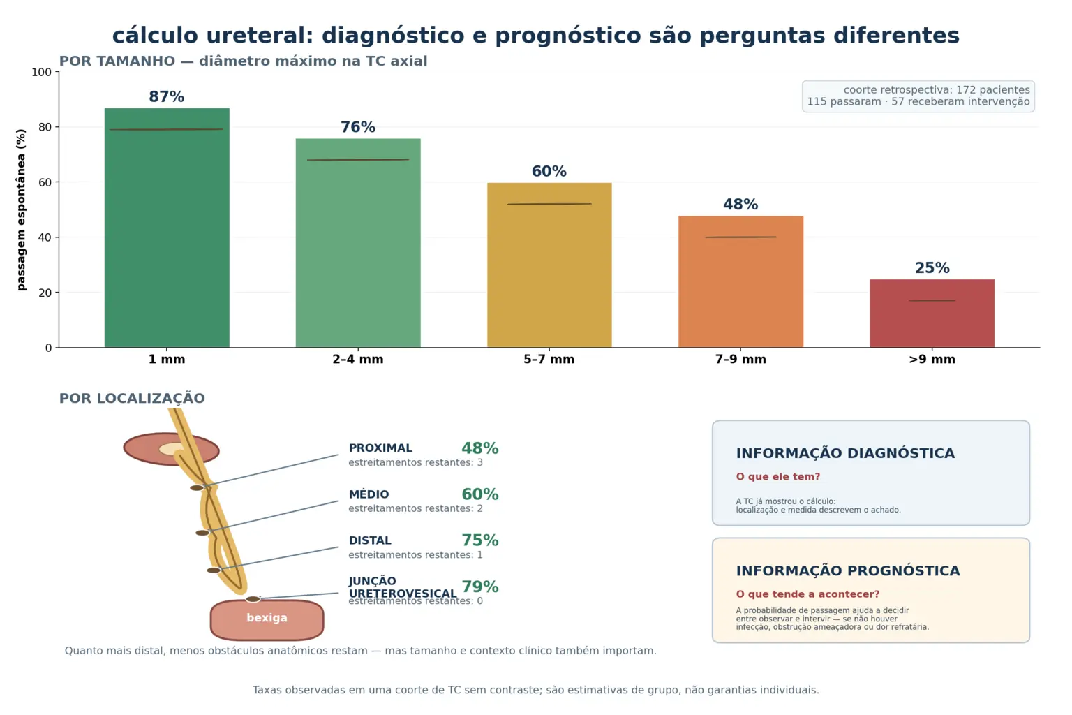 Gráfico de barras com as taxas de passagem espontânea por tamanho do cálculo, esquema do ureter com as taxas por segmento e as constrições restantes marcadas, e dois blocos contrastando informação diagnóstica com informação prognóstica.