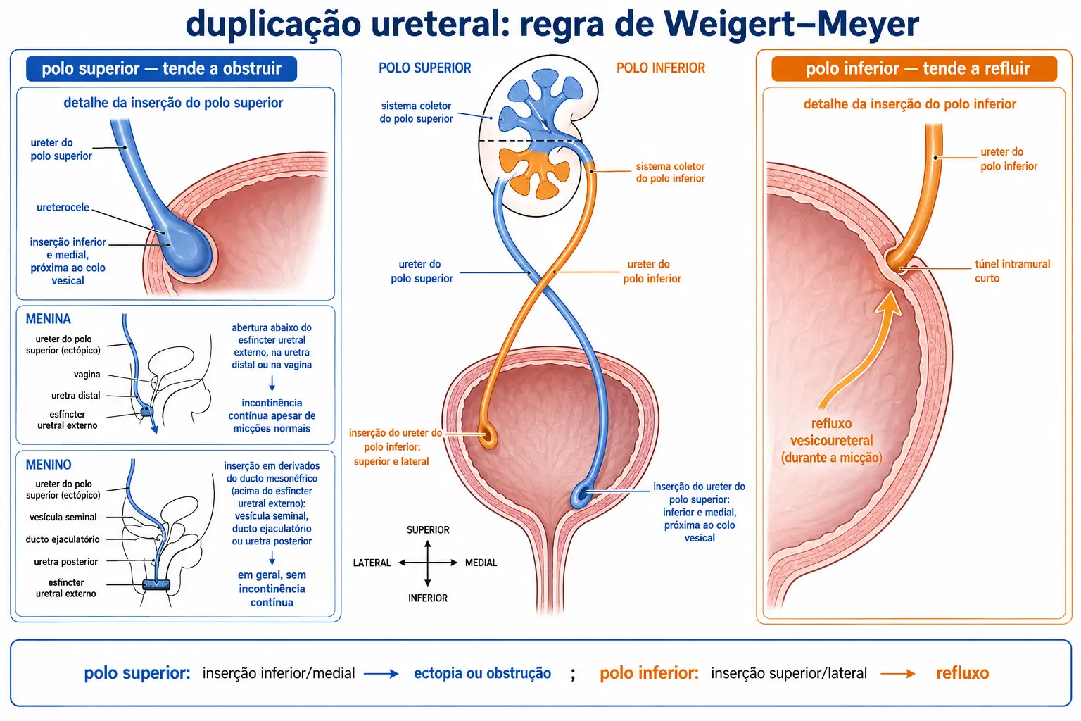 Rim com sistema coletor duplicado e os dois ureteres cruzando-se, com o do polo superior desembocando mais inferior e o do polo inferior mais superior, e painéis laterais mostrando obstrução e ectopia no polo superior com a diferença entre menina e menino, e refluxo por túnel curto no polo inferior.