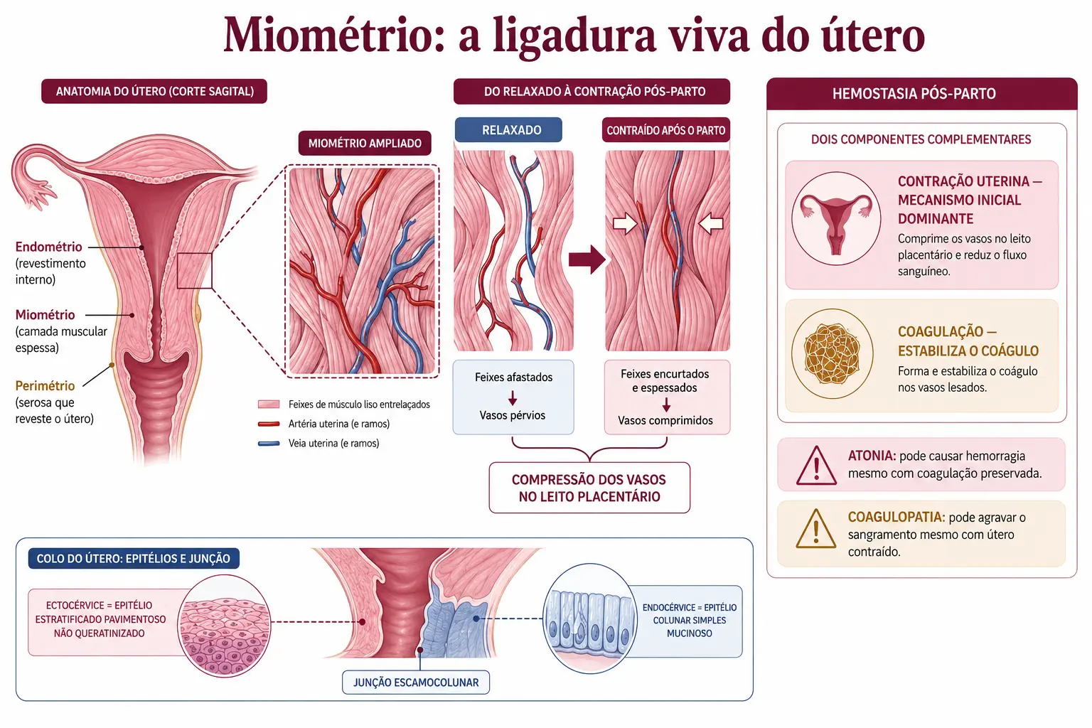 Corte da parede uterina com as três camadas e ampliação do miométrio médio envolvendo vasos, painel duplo mostrando a oclusão vascular por contração muscular, e corte do colo com epitélio estratificado na ectocérvix e colunar no canal endocervical encontrando-se na junção escamocolunar.