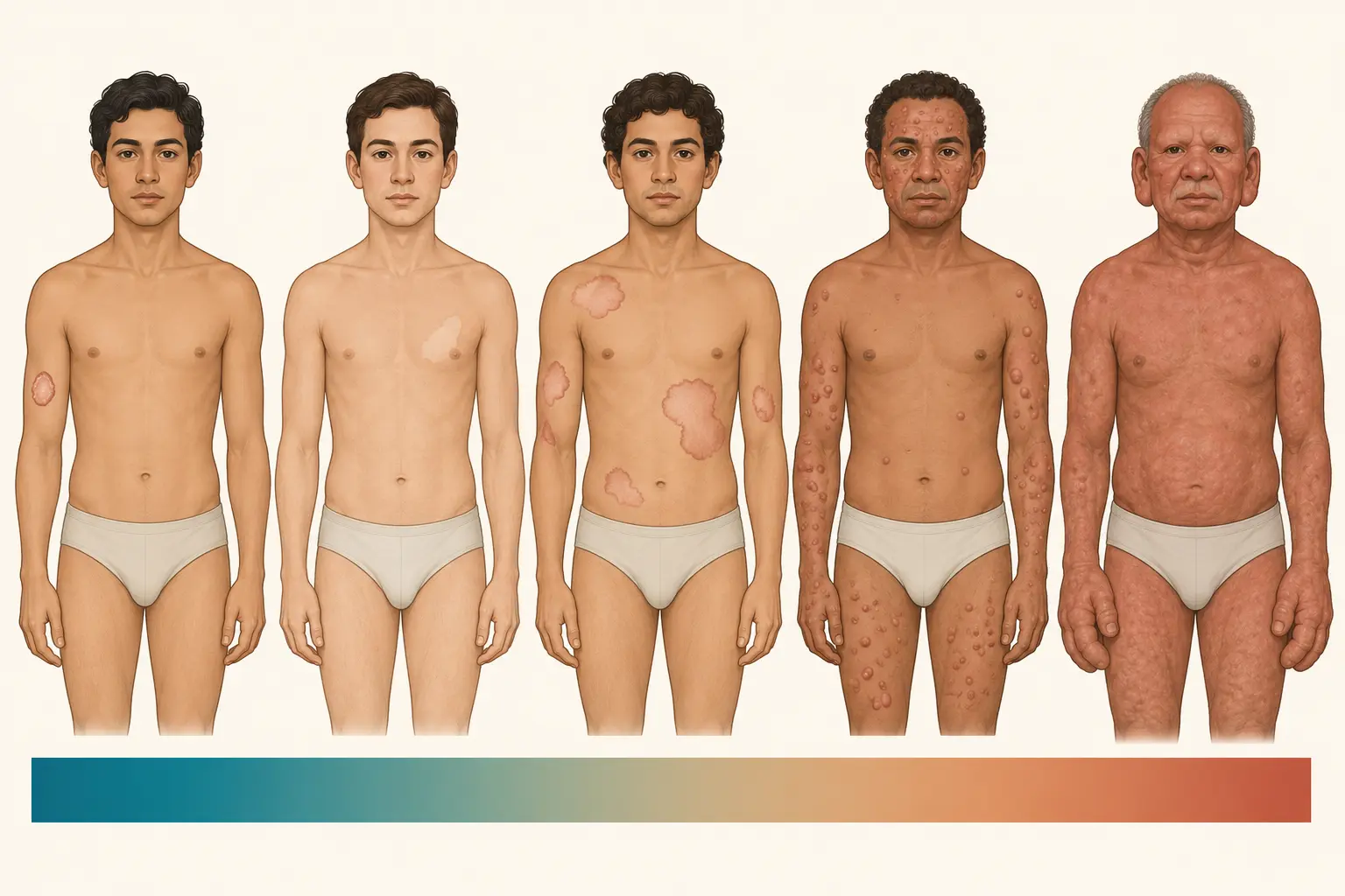 Diagrama horizontal com cinco silhuetas humanas mostrando o espectro da hanseníase, da lesão única e bem delimitada à esquerda até a infiltração difusa da face com nódulos à direita, sobre uma barra de gradiente que indica imunidade celular decrescente e carga bacilar crescente.