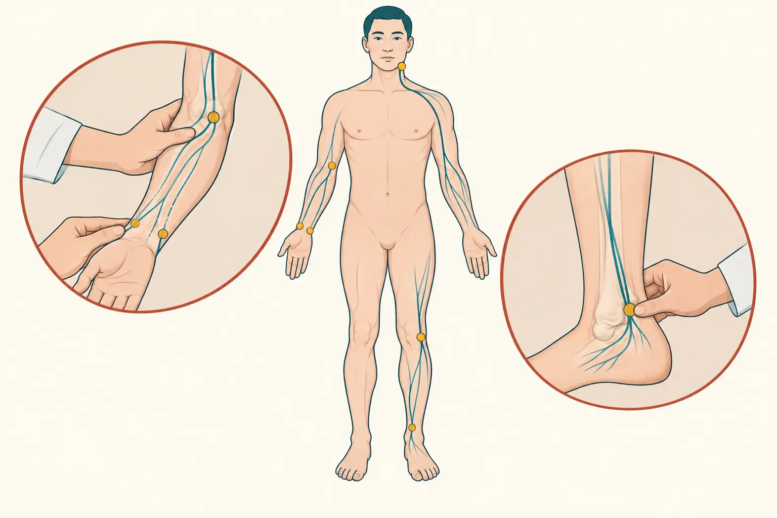 Figura esquemática de corpo humano com marcadores nos pontos de palpação dos nervos periféricos examinados na hanseníase — pescoço, cotovelo, punho, joelho e tornozelo — com dois detalhes ampliados de cotovelo e tornozelo e a posição das mãos do examinador.