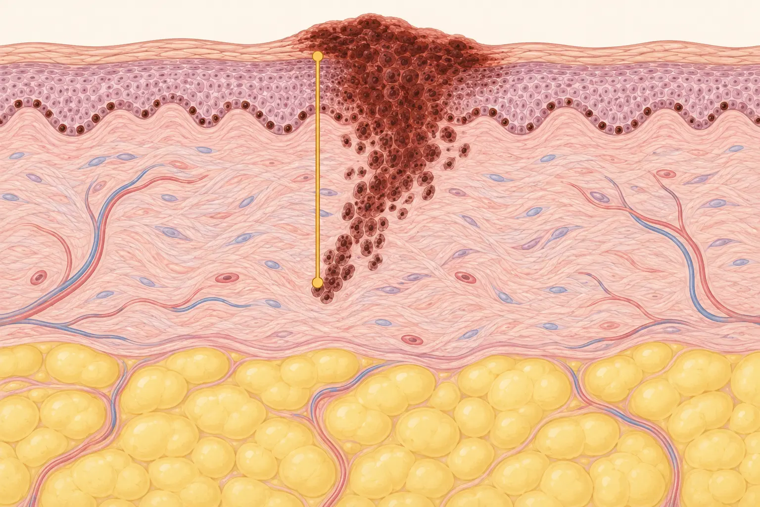 Corte transversal da pele com lesão pigmentada invadindo a derme e uma linha vertical marcando a distância entre a camada granulosa da epiderme e a célula tumoral mais profunda.