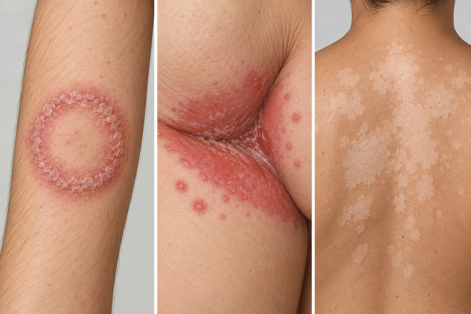Três aspectos lado a lado: placa anular com borda descamativa elevada e centro mais claro no antebraço; dobra úmida avermelhada com pequenas lesões separadas na periferia; e manchas claras descamativas confluentes no dorso.