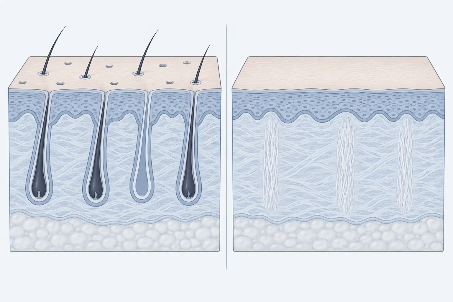 Dois cortes esquemáticos de couro cabeludo lado a lado: um com aberturas foliculares regulares e folículos íntegros, outro com superfície lisa sem aberturas e faixas fibrosas no lugar dos folículos.