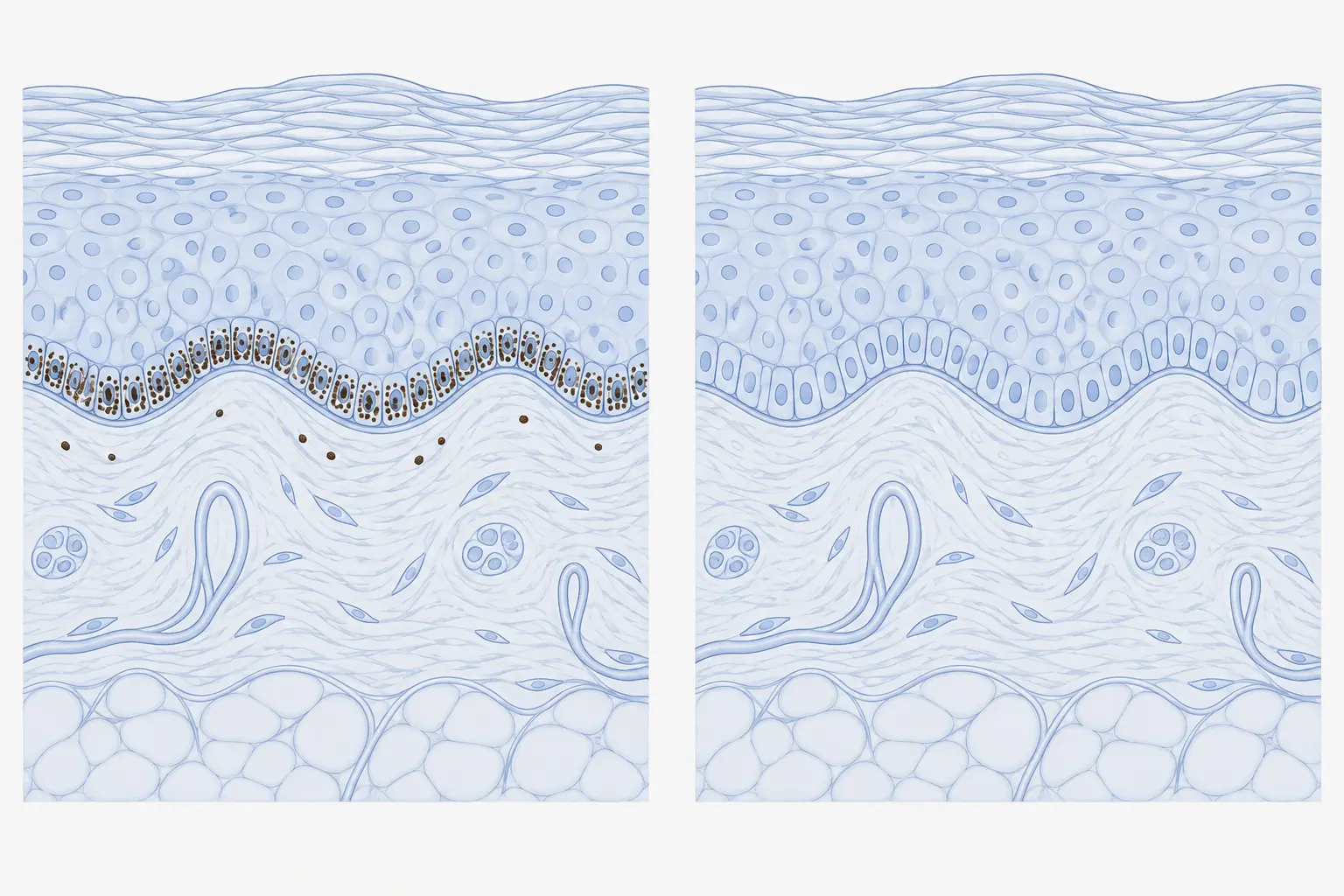 Dois cortes esquemáticos de pele lado a lado: um com grânulos de pigmento acumulados na base da epiderme e alguns na derme superficial, outro com essa mesma camada inteiramente sem grânulos de pigmento.