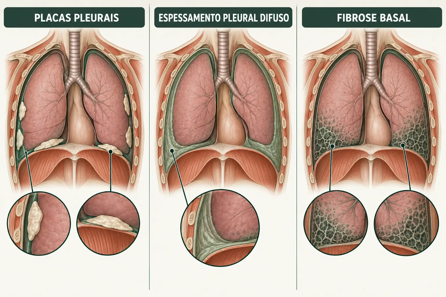 Esquema do tórax comparando placas pleurais, espessamento pleural difuso e fibrose basal da asbestose.