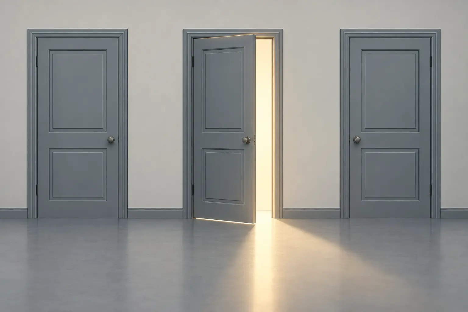 Recinto fechado com três portas iguais em sua parede, apenas uma delas entreaberta, deixando passar um feixe de luz.