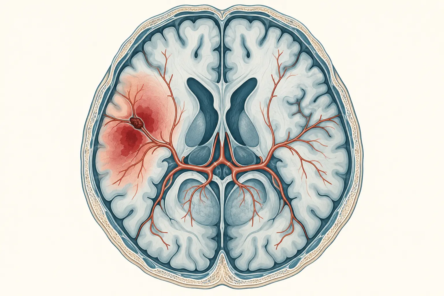 Corte axial do encéfalo com oclusão de ramo da artéria cerebral média, núcleo de infarto escuro e halo mais claro de penumbra isquêmica ao redor.