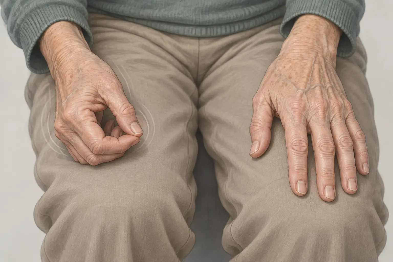 As duas mãos de um paciente idoso pousadas sobre as coxas: a direita em postura de tremor de repouso, com polegar e indicador em pinça, e a esquerda relaxada e aberta.
