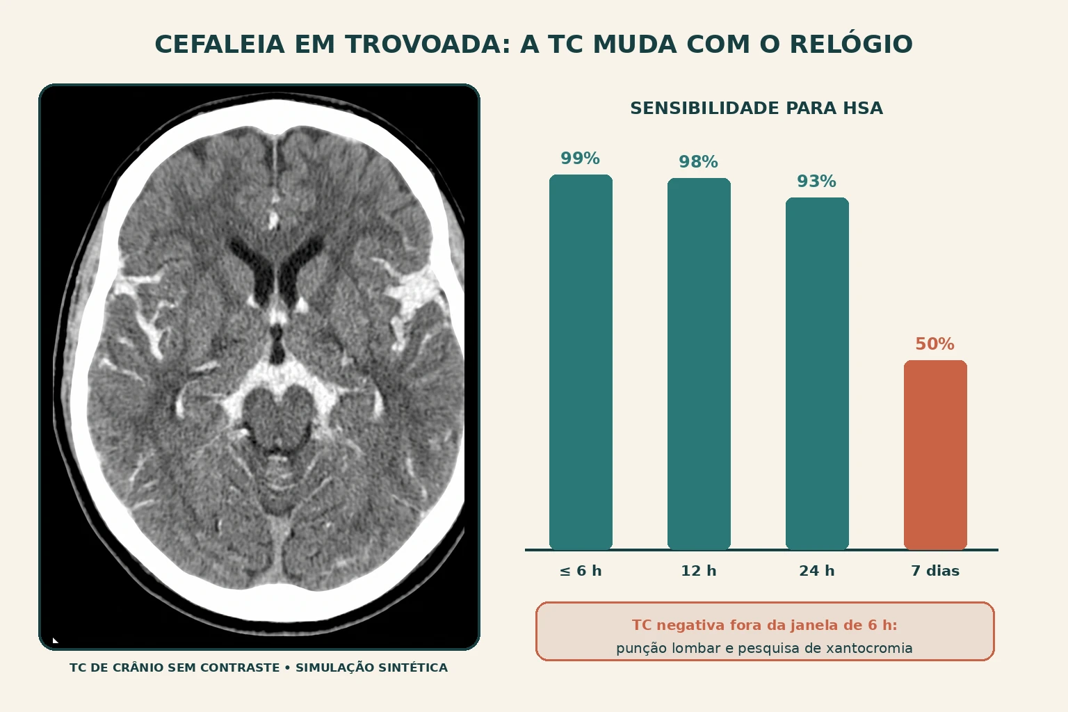 Linha do tempo em horas desde o início da dor, com barras que encolhem da esquerda para a direita; à esquerda, a silhueta de uma tomografia de crânio; à direita, uma agulha de punção lombar e um tubo com líquido amarelado.