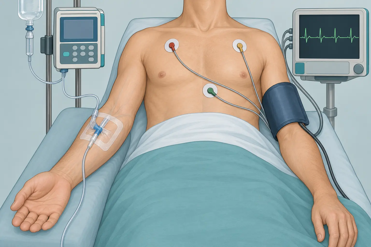 Antebraço com cateter venoso de grosso calibre ligado a bomba de infusão, ao lado de tórax com três eletrodos de eletrocardiograma e manguito de pressão no braço oposto.
