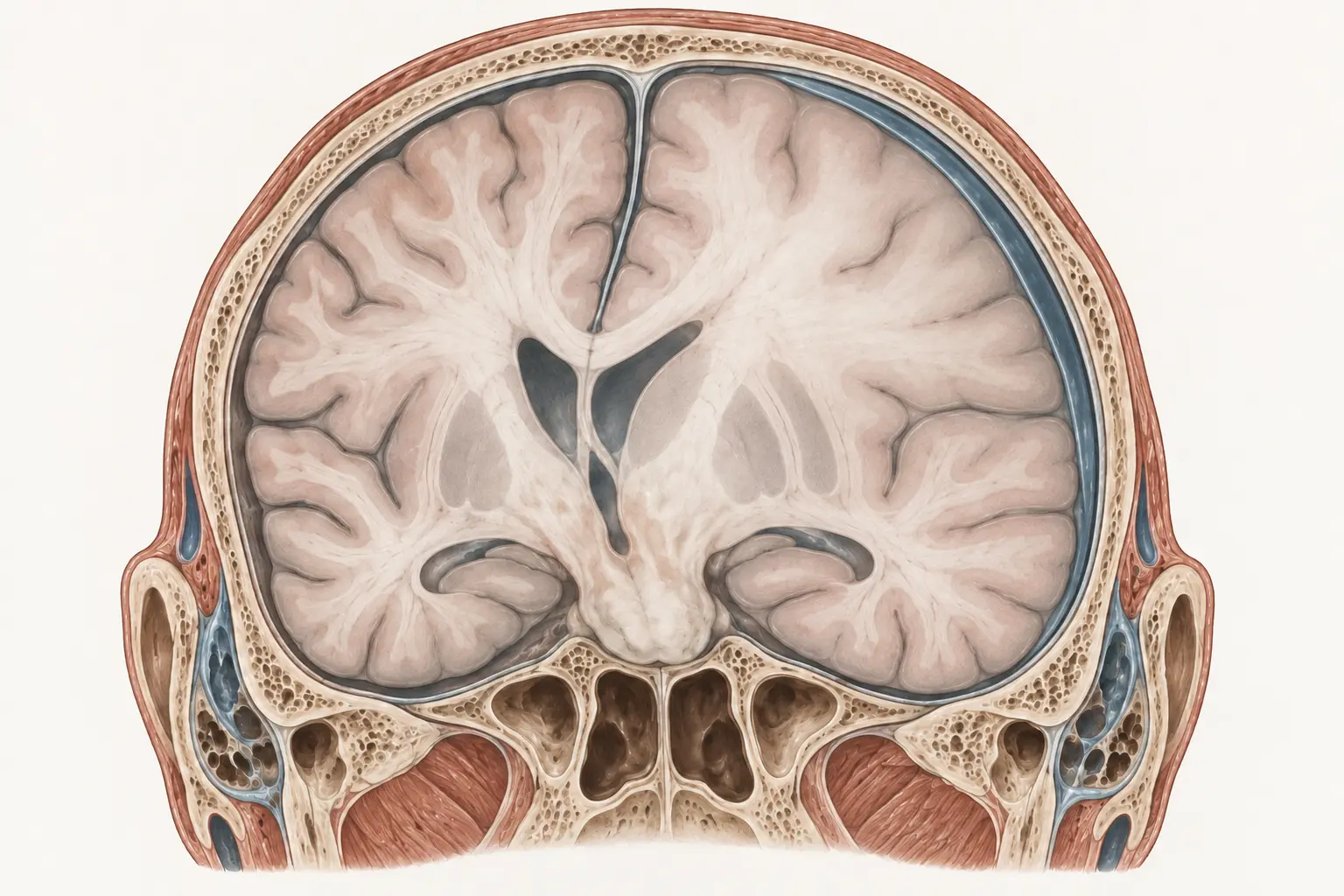 Desenho de corte coronal do crânio com coleção em crescente sobre um hemisfério cerebral e desvio discreto da linha média.