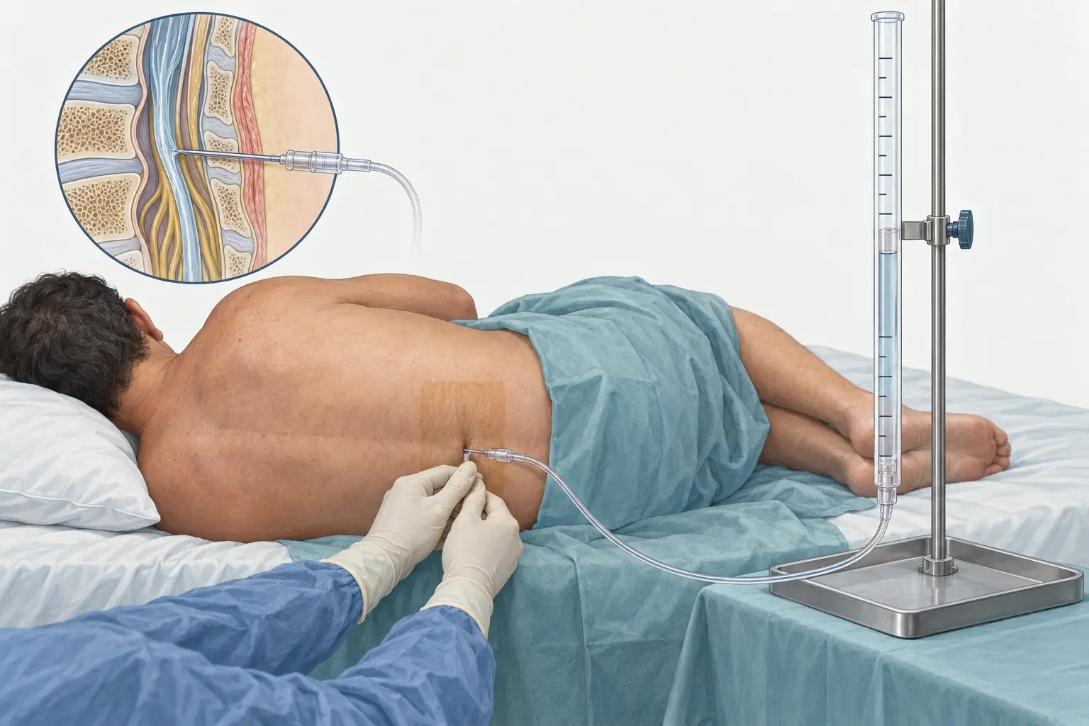 Desenho de punção lombar em decúbito lateral com coluna de vidro graduada acoplada à agulha e líquido transparente em parte da coluna.